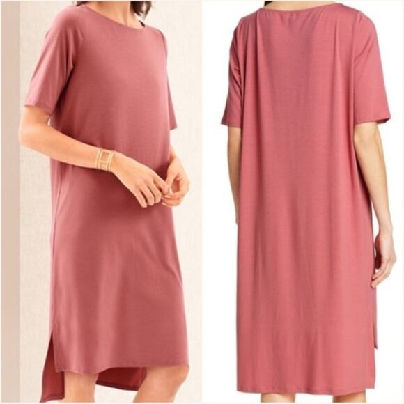 Eileen Fisher Magenta Fine Tencel Elbow Sleeve Ballet Neck Dress Size PS NWT - Picture 3 of 10